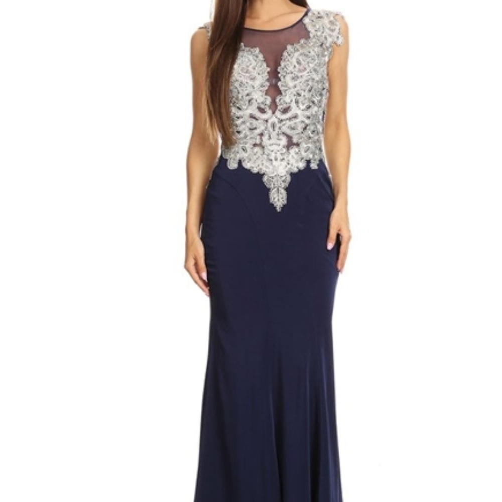 Sabrina Prom Dress Navy Blue Silver Beading Lace